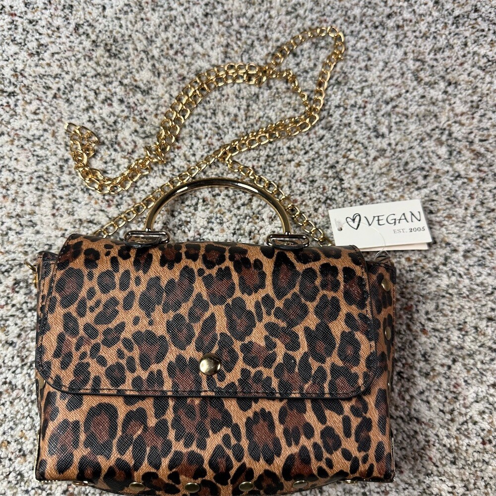 Vegan Womens Leopard Print Satchel Top Handle Crossbody Gold